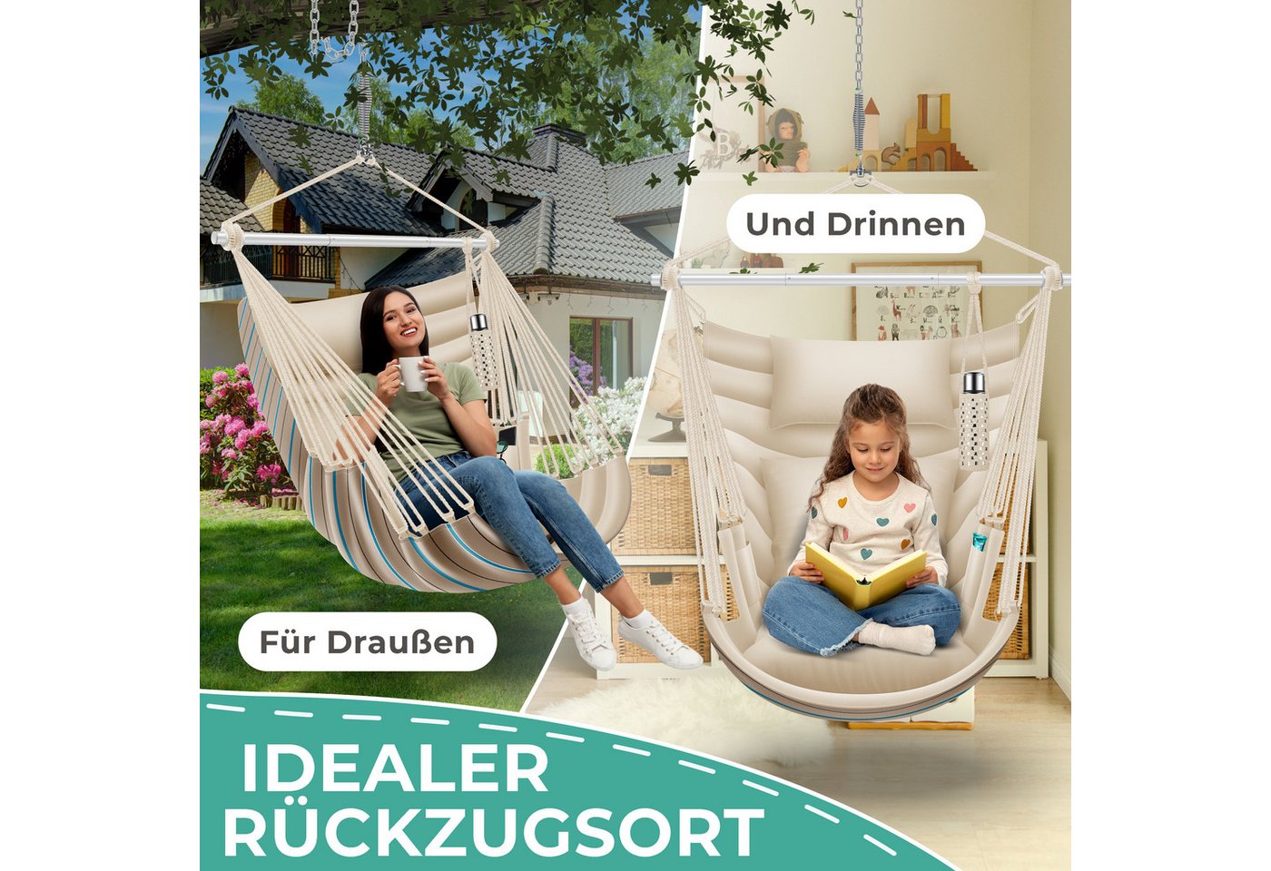 Kesser® Hängesessel Haiti 150kg, 360° Drehung, Uv-beständig & Wasserfest, Inkl. 2 – Cappuccino Bild 2