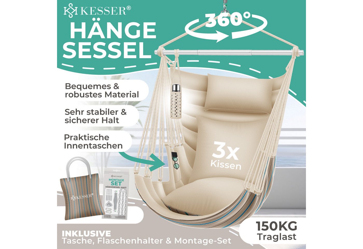 Kesser® Hängesessel Haiti 150kg, 360° Drehung, Uv-beständig & Wasserfest, Inkl. 2 – Cappuccino Bild 5