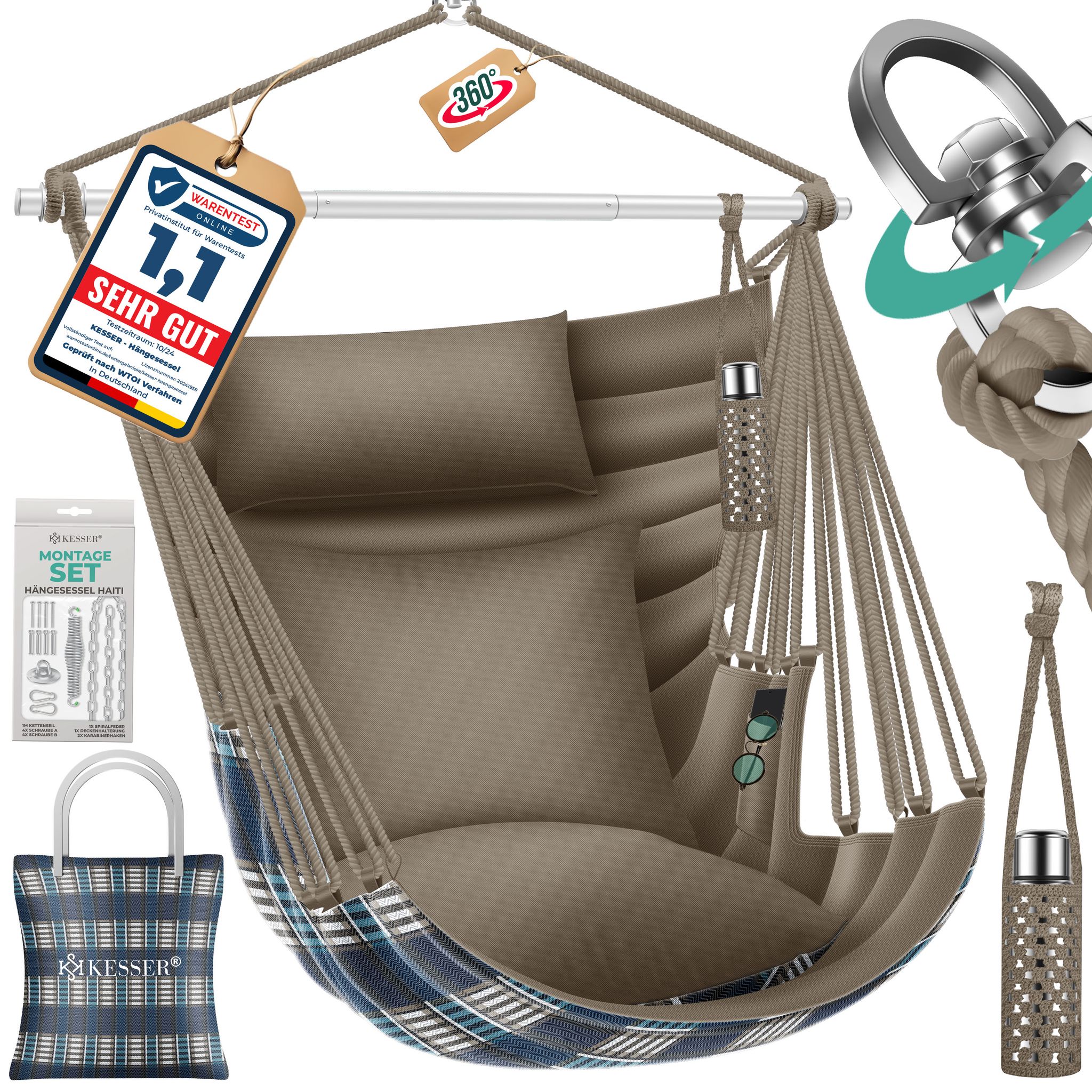 Kesser® Hängesessel Haiti 150kg, 360° Drehung, Uv-beständig & Wasserfest, Inkl. 2 Kissen – Mocca