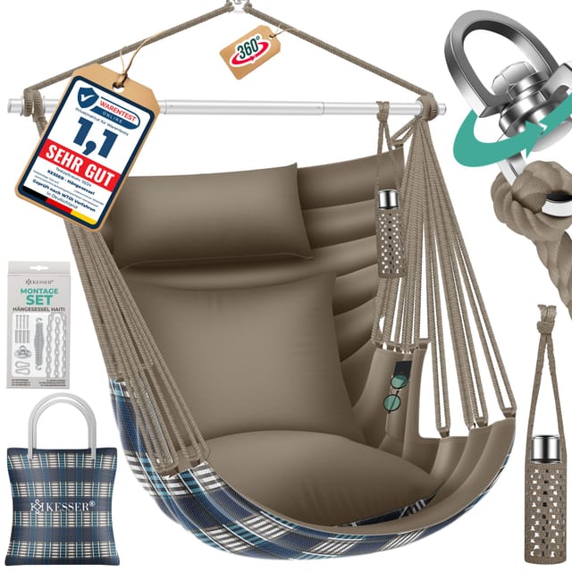 Kesser® Hängesessel Haiti 150kg, 360° Drehung, Uv-beständig & Wasserfest, Inkl. 2 Kissen – Mocca