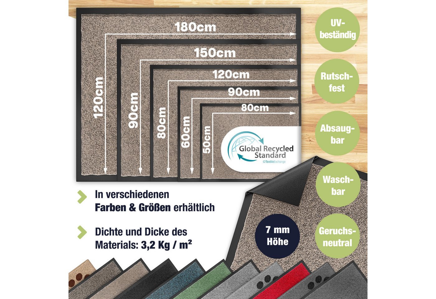 Kesser® Schmutzfangmatte Fußmatte Rutschfest, Waschbar & Wetterfest – 50x80cm / Taupe Bild 3