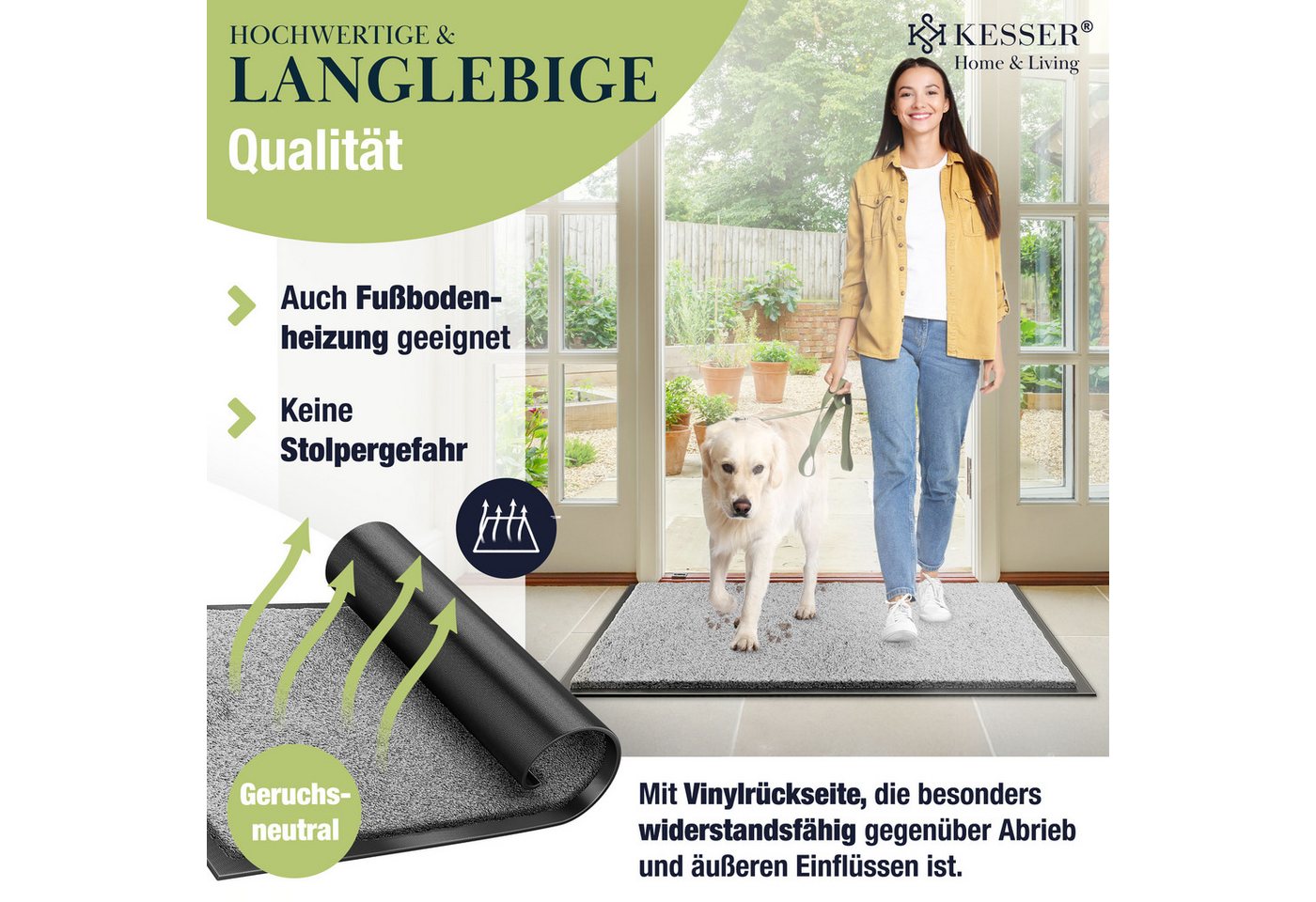 Kesser® Schmutzfangmatte Fußmatte Rutschfest, Waschbar & Wetterfest – 60x90cm / Hellgrau