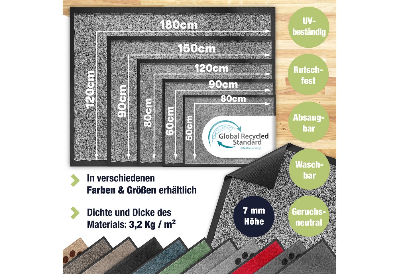 Kesser® Schmutzfangmatte Fußmatte Rutschfest, Waschbar & Wetterfest – 60x90cm / Hellgrau Bild 2