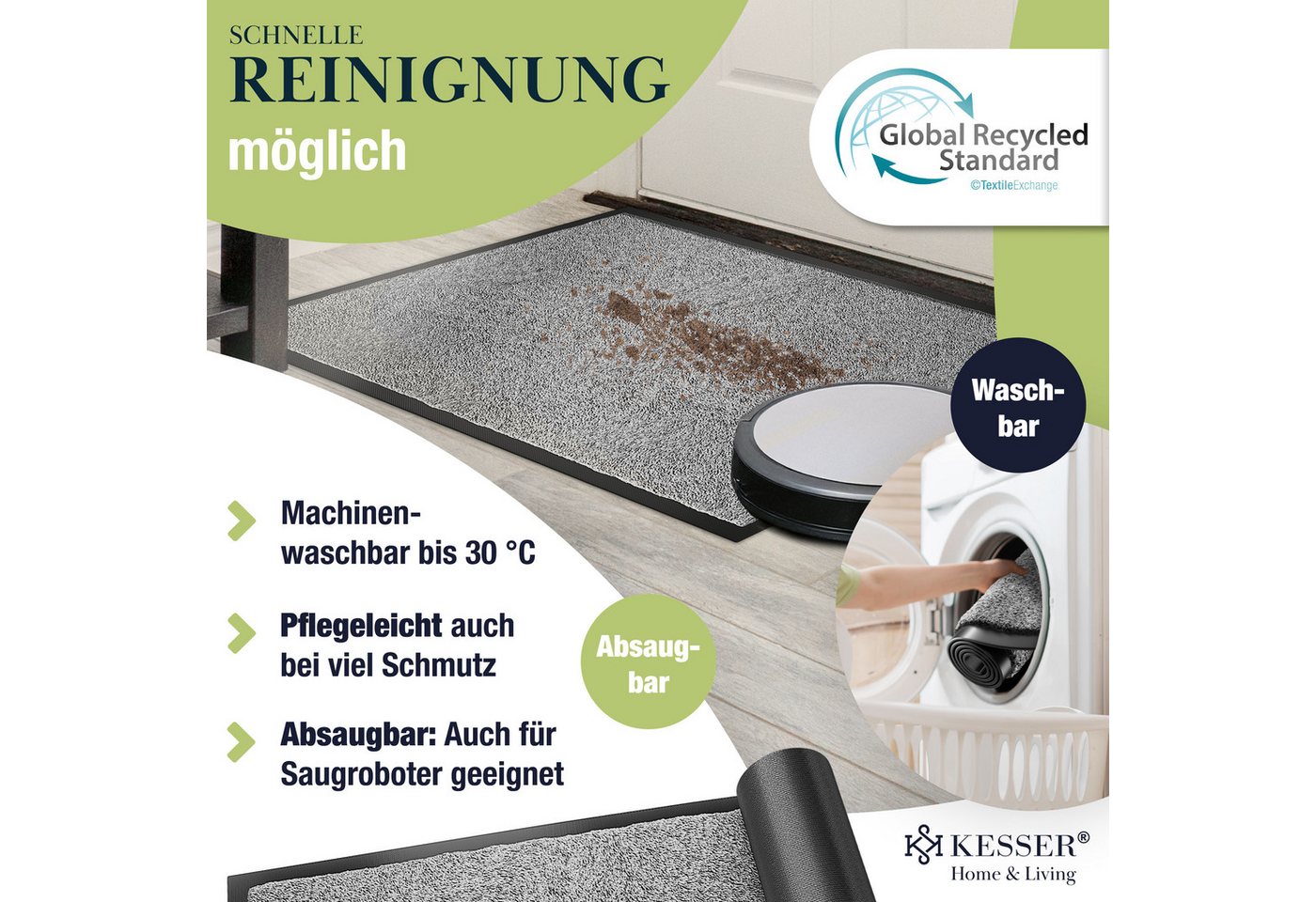 Kesser® Schmutzfangmatte Fußmatte Rutschfest, Waschbar & Wetterfest – 60x90cm / Hellgrau Bild 5