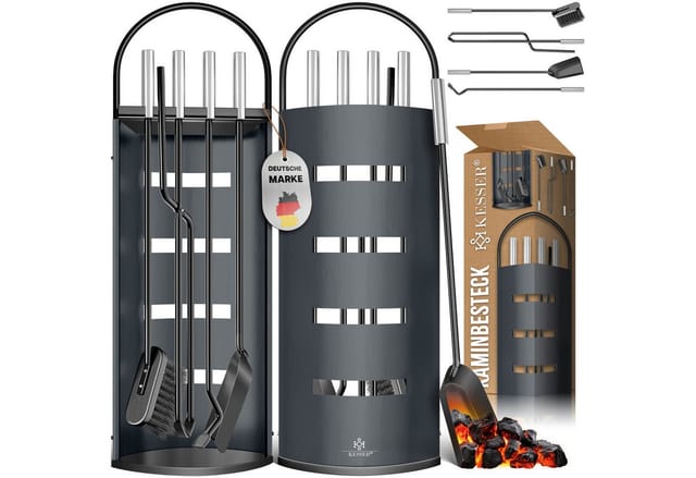 Kesser® Kaminzubehör 5-teiliges Kaminbesteck Set Modern Design Beschichtet Hochwertige Kamingarnitur Aus 5 Teilen: Besen Schaufel Schürhaken Schwarz