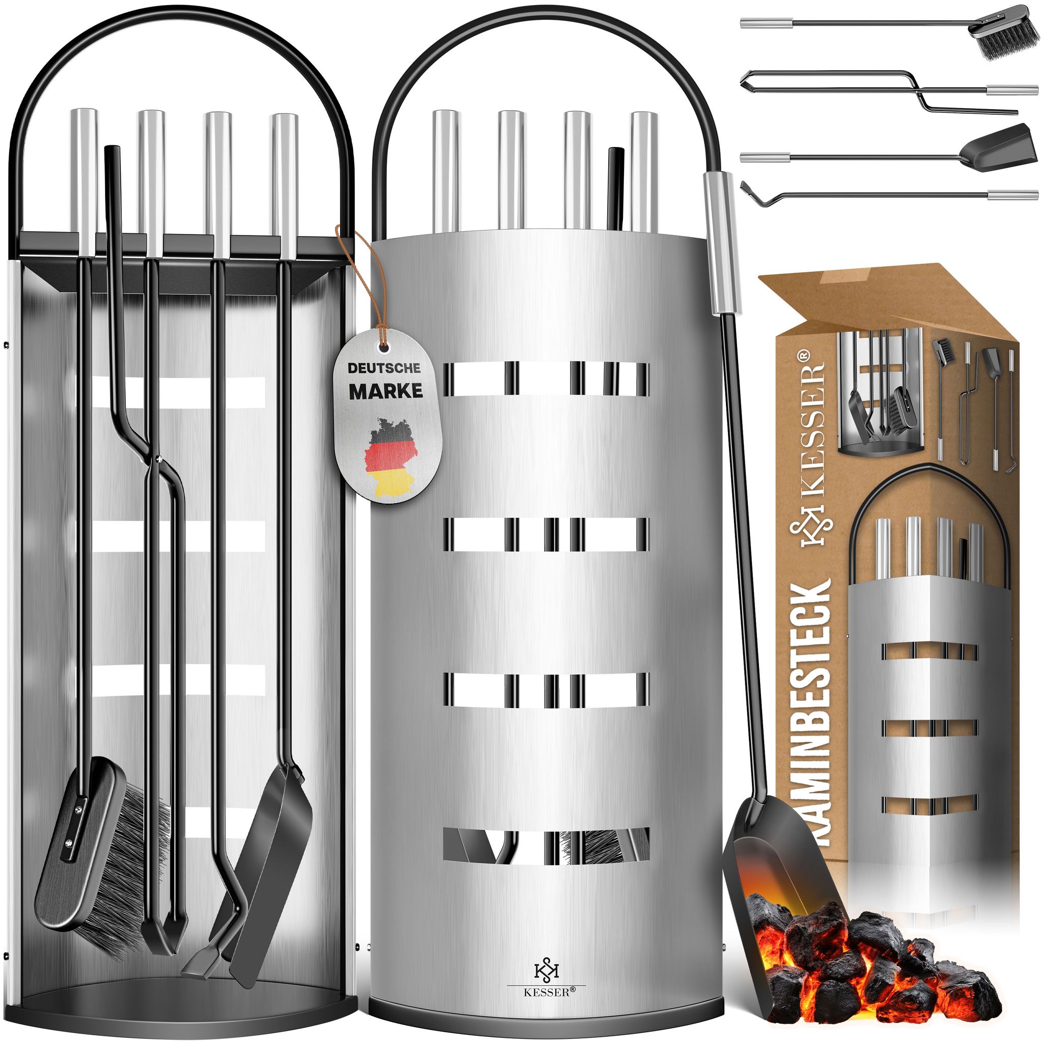 Kaminzubehör 5-teiliges Kaminbesteck Set – Modern Design Beschichtet Hochwertige Kamingarnitur Aus 5 Teilen: Besen Schaufel Schürhaken Silber - Kesser