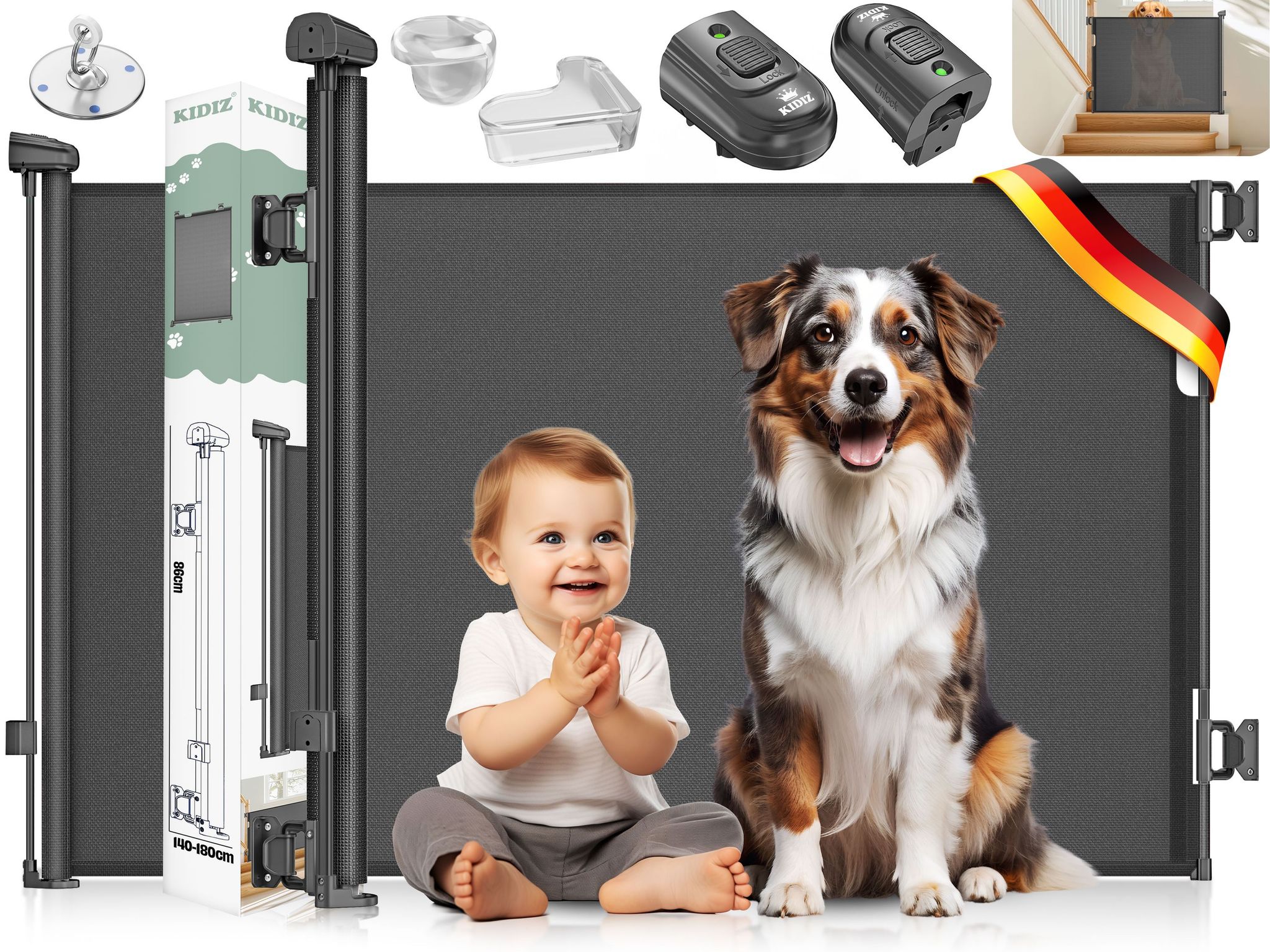 Kidiz® Treppenschutzgitter Ausziehbar, Kindersicher, Inkl. Bodenanker – 0-140cm, / Schwarz