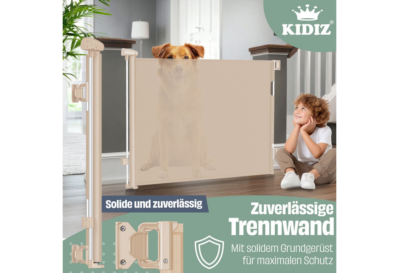 Kidiz® Treppenschutzgitter Ausziehbar, Kindersicher, Inkl. Bodenanker – 0-140cm, / Beige
