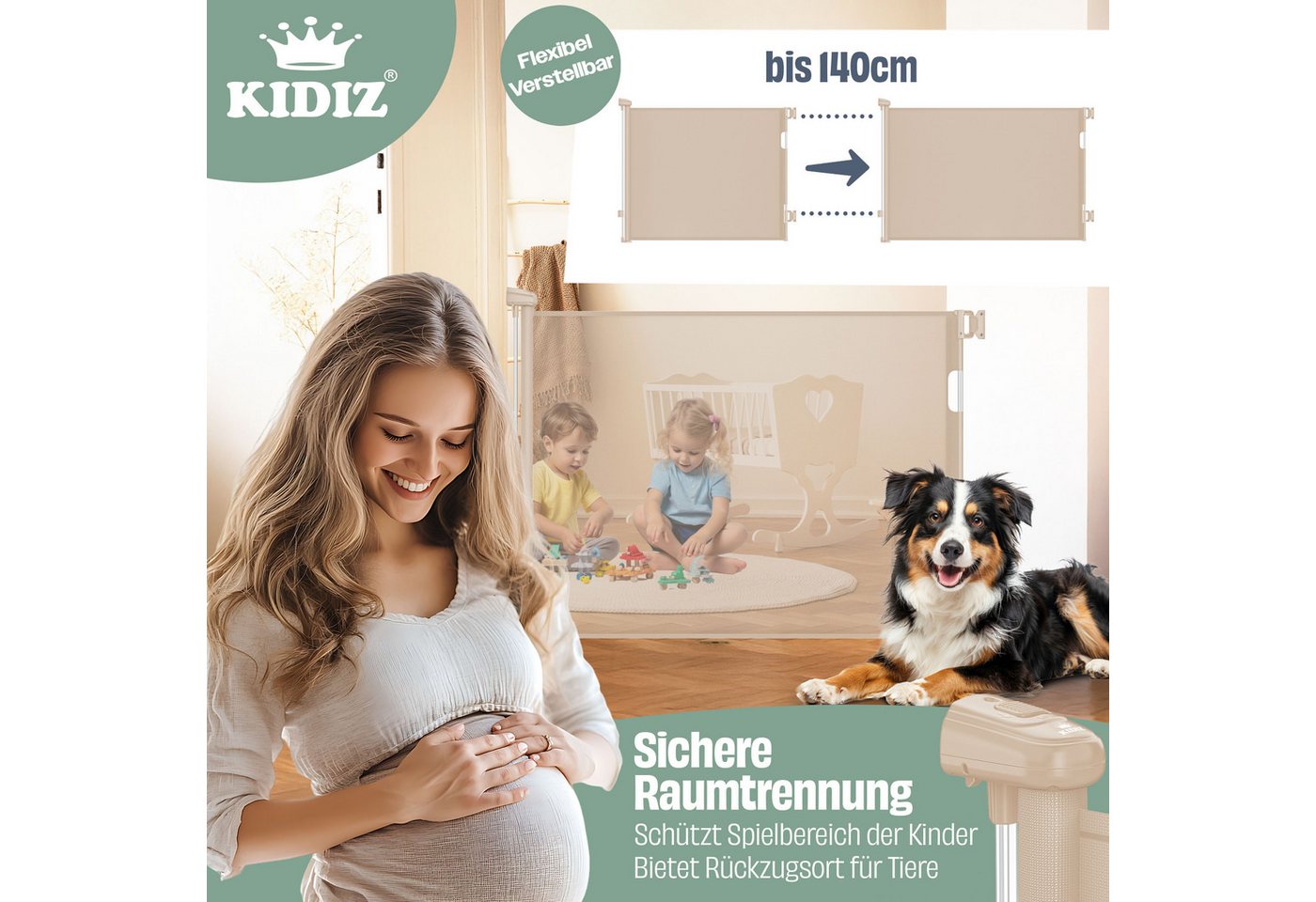 Kidiz® Treppenschutzgitter Ausziehbar, Kindersicher, Inkl. Bodenanker – 0-140cm, / Beige Bild 2