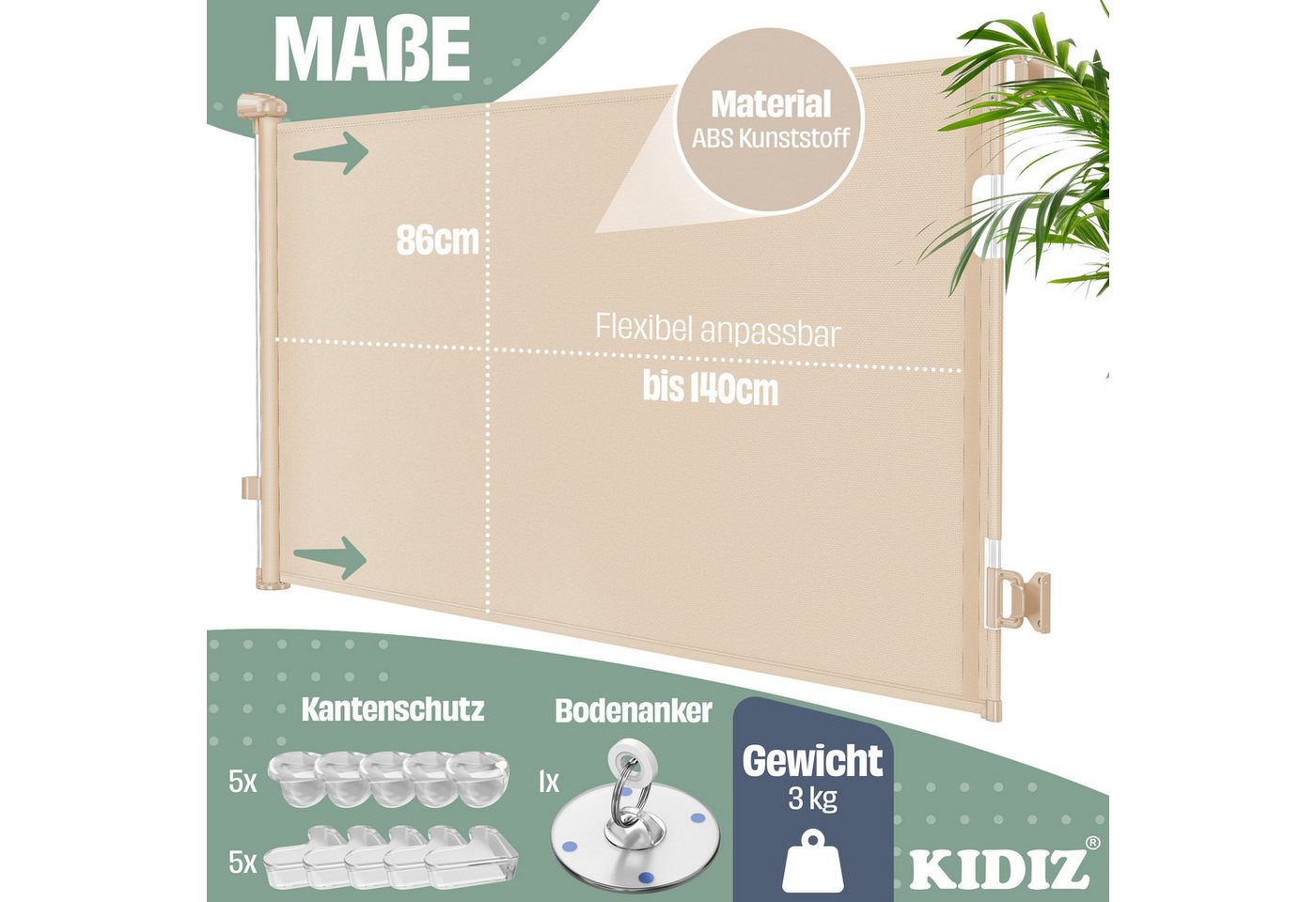 Kidiz® Treppenschutzgitter Ausziehbar, Kindersicher, Inkl. Bodenanker – 0-140cm, / Beige Bild 4