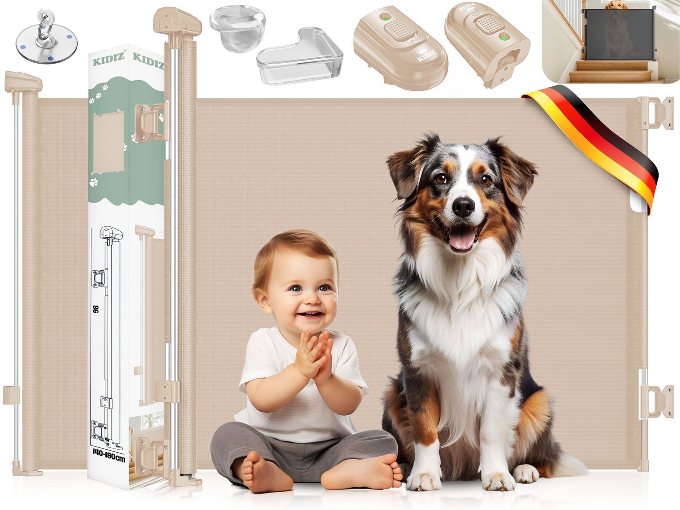 Kidiz® Treppenschutzgitter Ausziehbar, Kindersicher, Inkl. Bodenanker – 0-140cm, / Beige Bild 5
