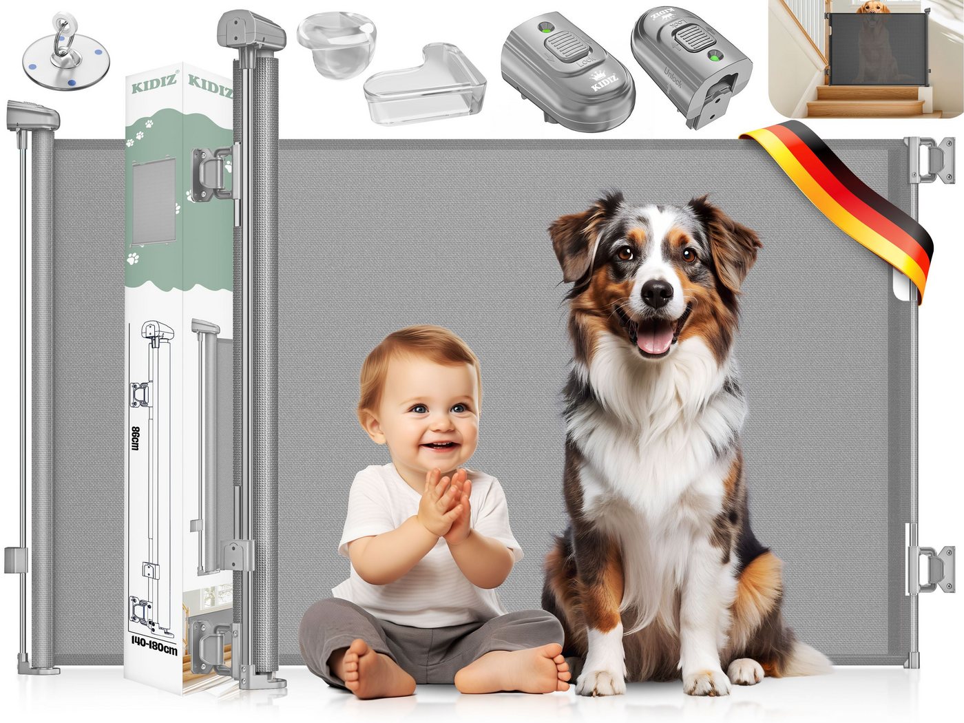 Kidiz® Treppenschutzgitter Ausziehbar, Kindersicher, Inkl. Bodenanker – 0-140cm, / Hellgrau