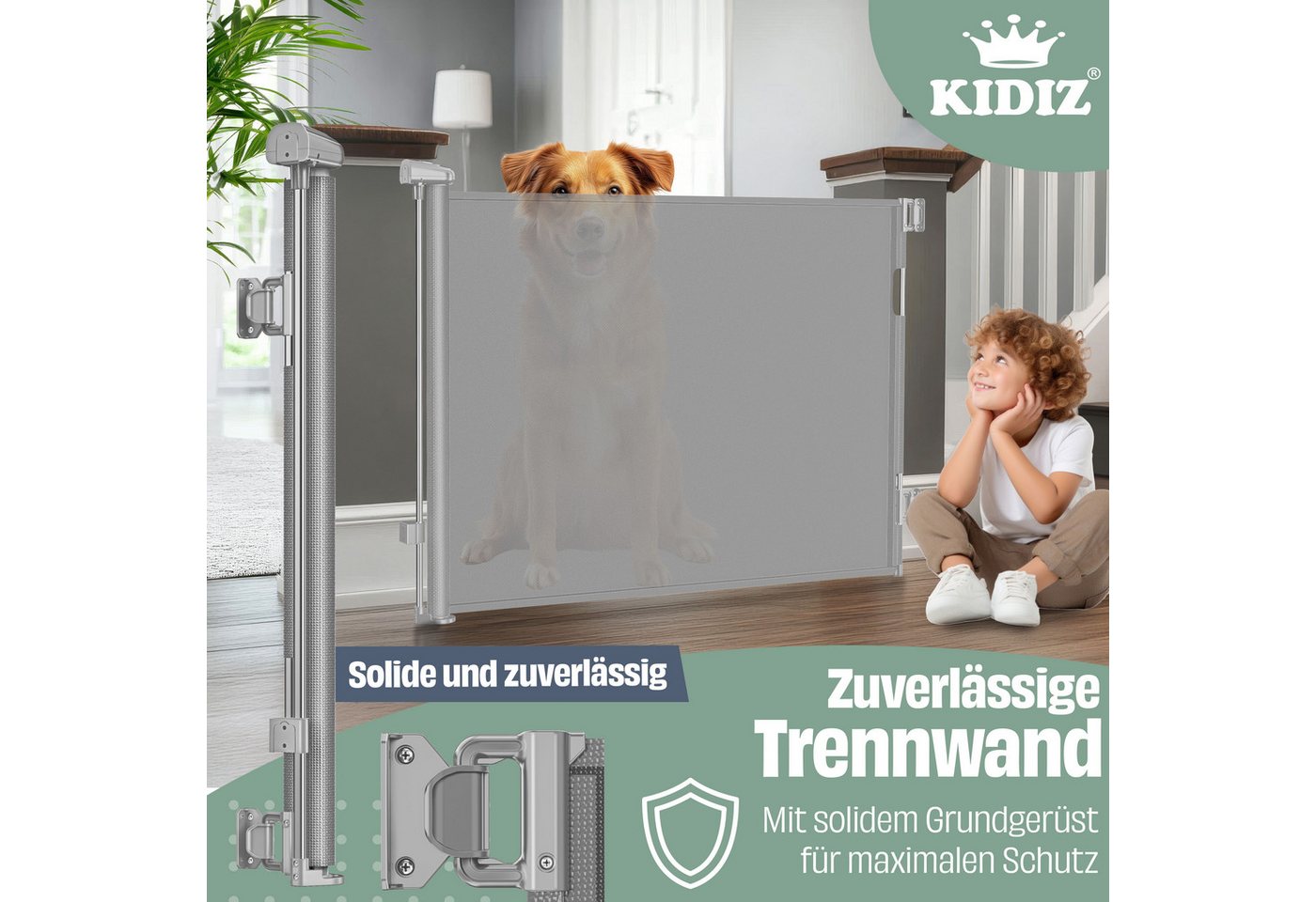 Kidiz® Treppenschutzgitter Ausziehbar, Kindersicher, Inkl. Bodenanker – 0-140cm, / Hellgrau Bild 3