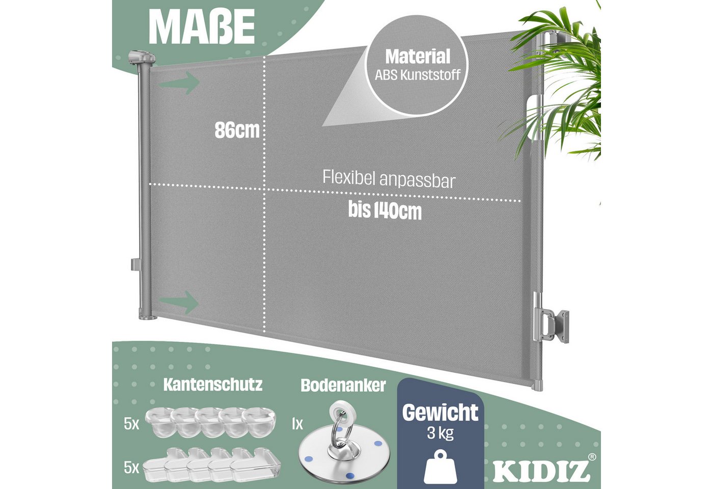 Kidiz® Treppenschutzgitter Ausziehbar, Kindersicher, Inkl. Bodenanker – 0-140cm, / Hellgrau Bild 4