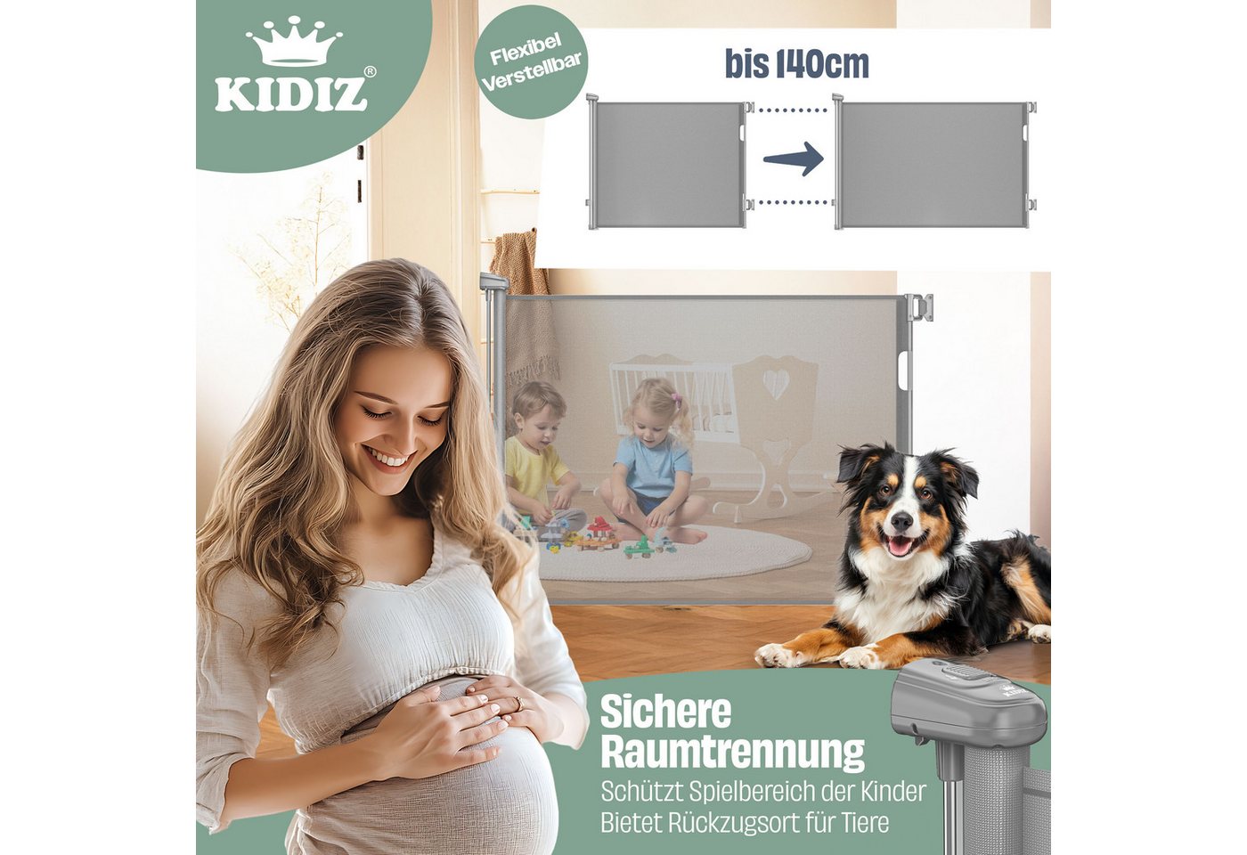 Kidiz® Treppenschutzgitter Ausziehbar, Kindersicher, Inkl. Bodenanker – 0-140cm, / Hellgrau Bild 5