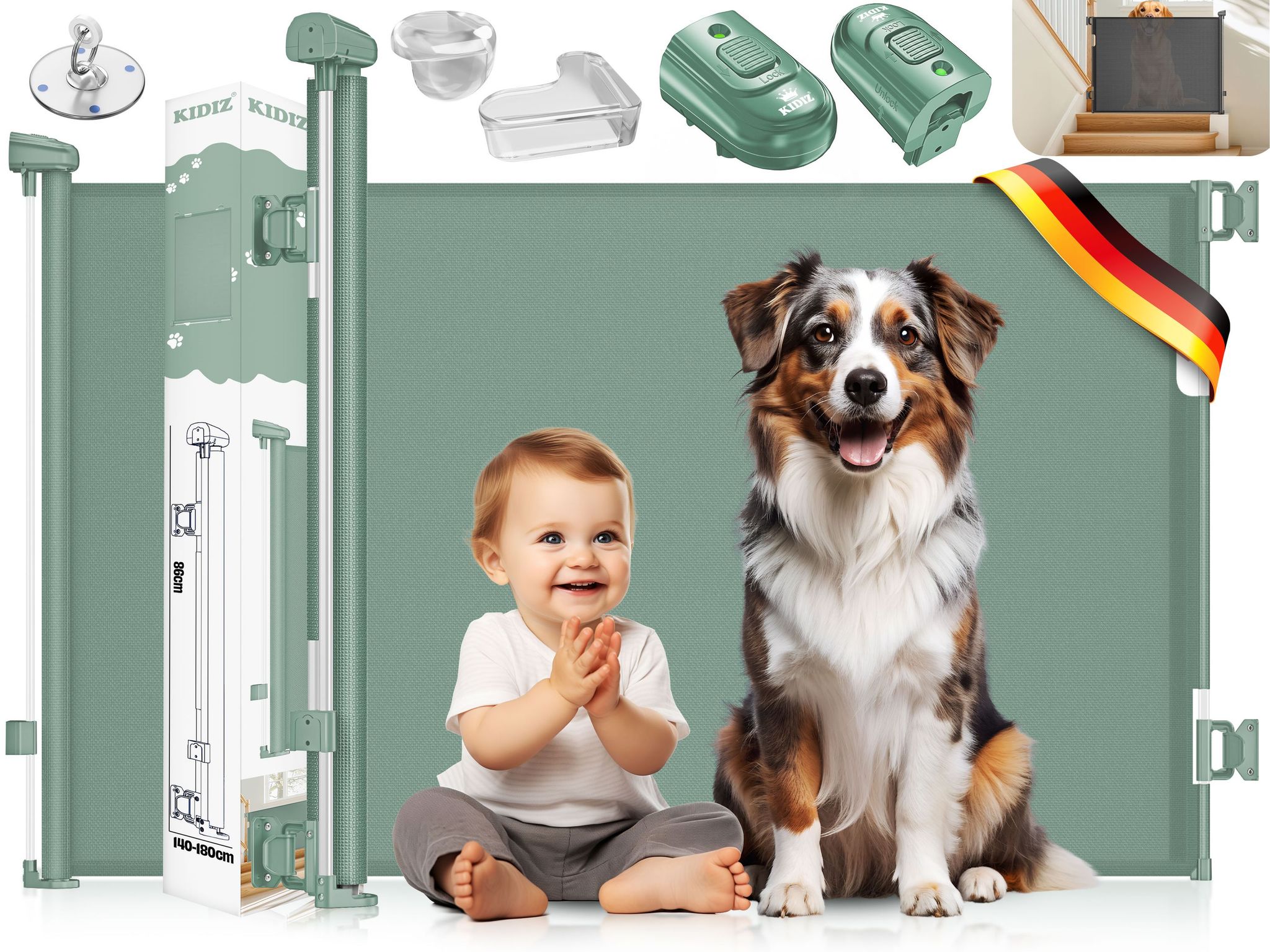 Kidiz® Treppenschutzgitter Ausziehbar, Kindersicher, Inkl. Bodenanker – 0-180cm, / Dunkelgrün