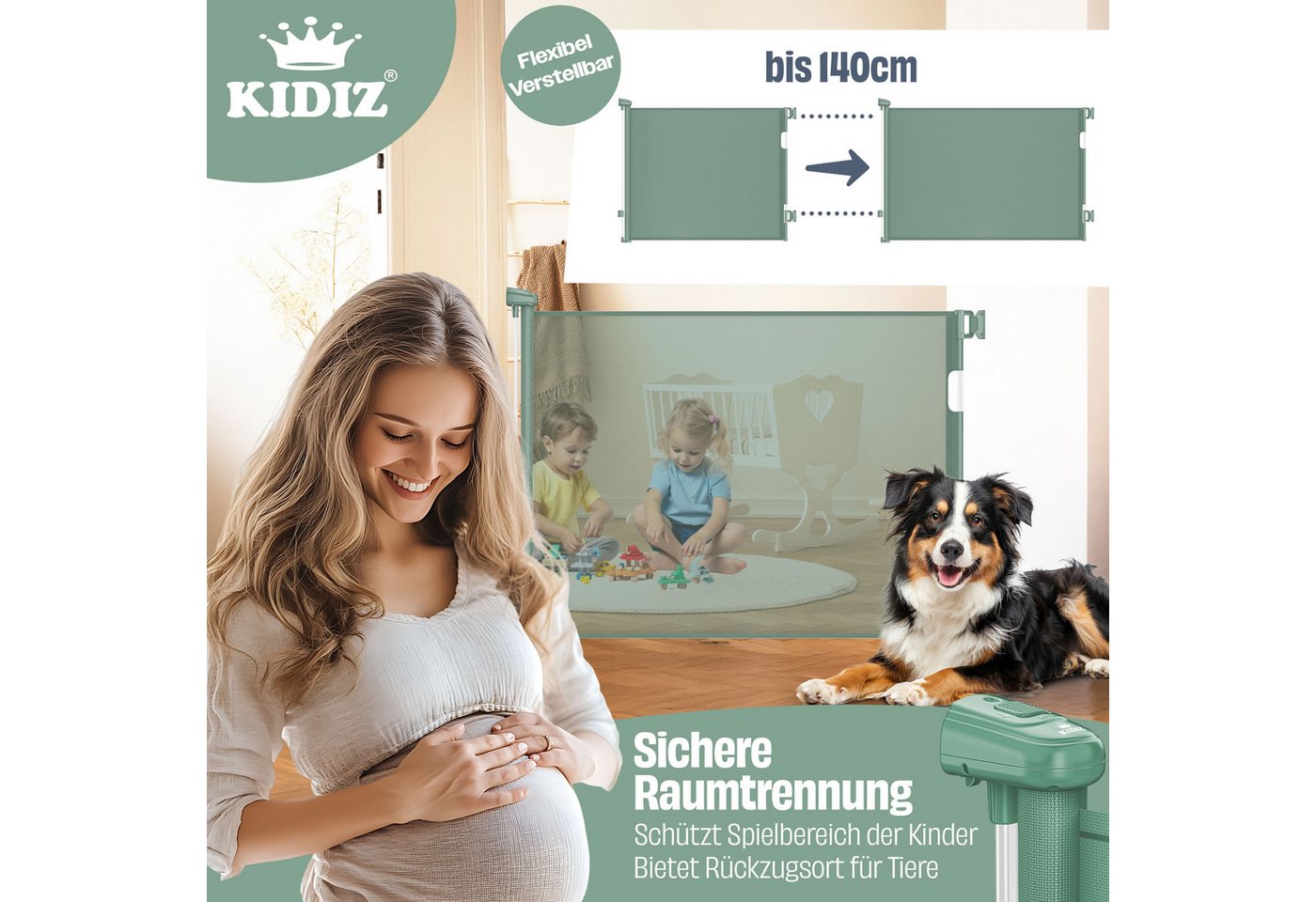 Kidiz® Treppenschutzgitter Ausziehbar, Kindersicher, Inkl. Bodenanker – 0-140cm, / Dunkelgrün Bild 2