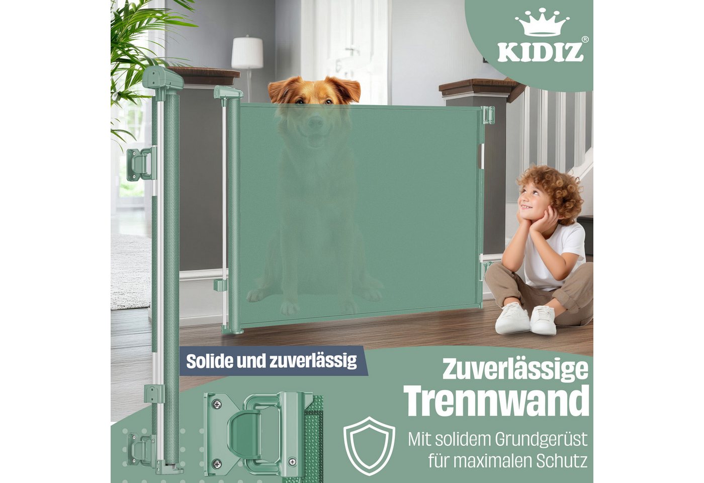 Kidiz® Treppenschutzgitter Ausziehbar, Kindersicher, Inkl. Bodenanker – 0-140cm, / Dunkelgrün Bild 3