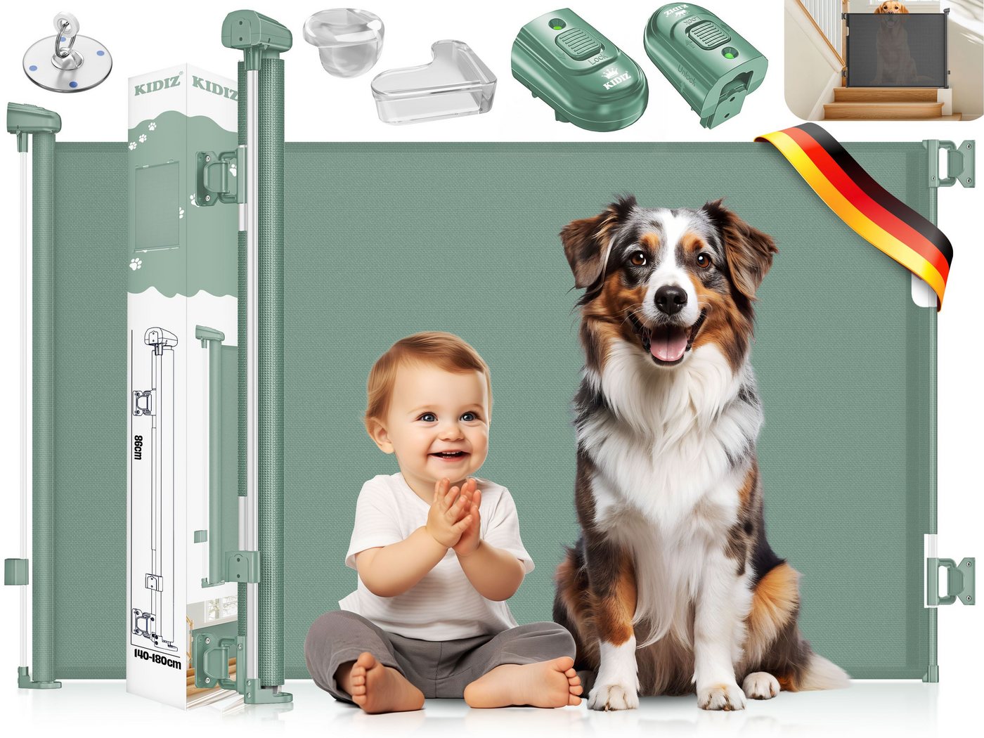 Kidiz® Treppenschutzgitter Ausziehbar, Kindersicher, Inkl. Bodenanker – 0-140cm, / Dunkelgrün Bild 4