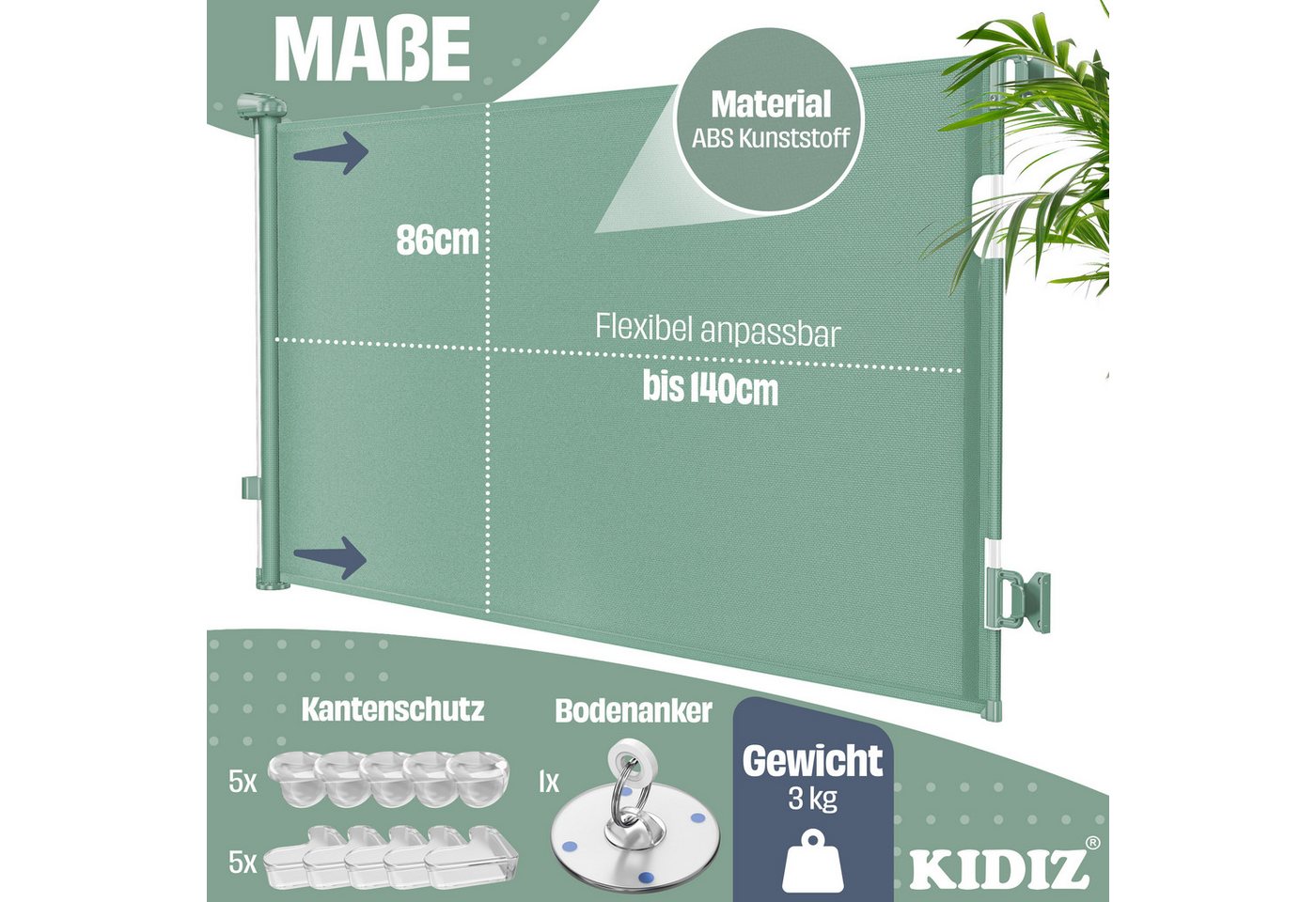 Kidiz® Treppenschutzgitter Ausziehbar, Kindersicher, Inkl. Bodenanker – 0-140cm, / Dunkelgrün Bild 5