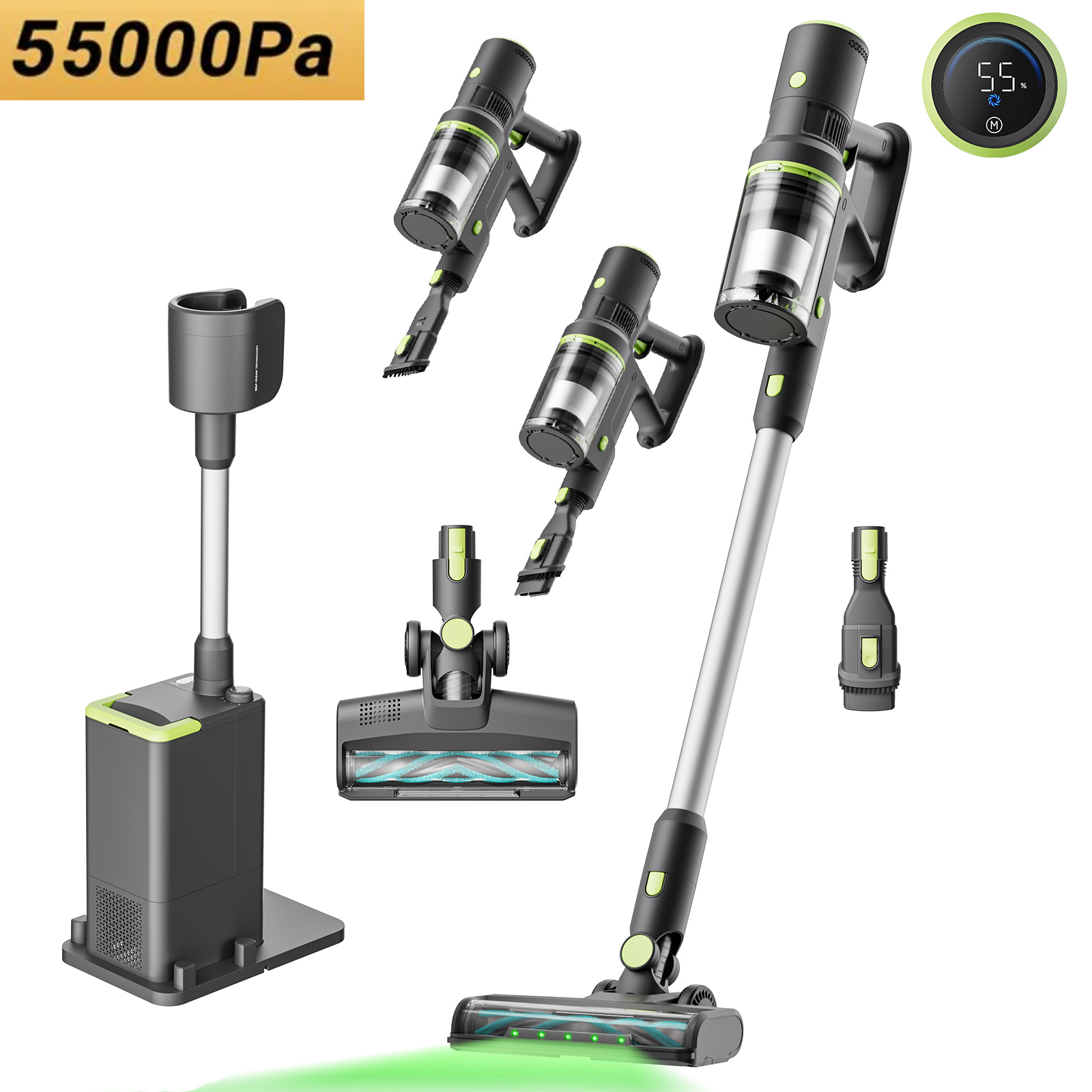 Lefant Bs002 Akku‑staubsauger 55 kpa, 2l Auto‑entleerstation, 50 min Akkulaufzeit, Grüne Lichtbürste, Schutz Vor Haustierhaaren