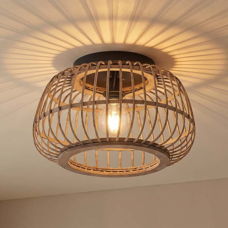 [neuwertig] B-ware Lindby Deckenleuchte Bominio Led Lampe Rattan Schwarz Matt Ø40cm Dimmbar 24,5cm