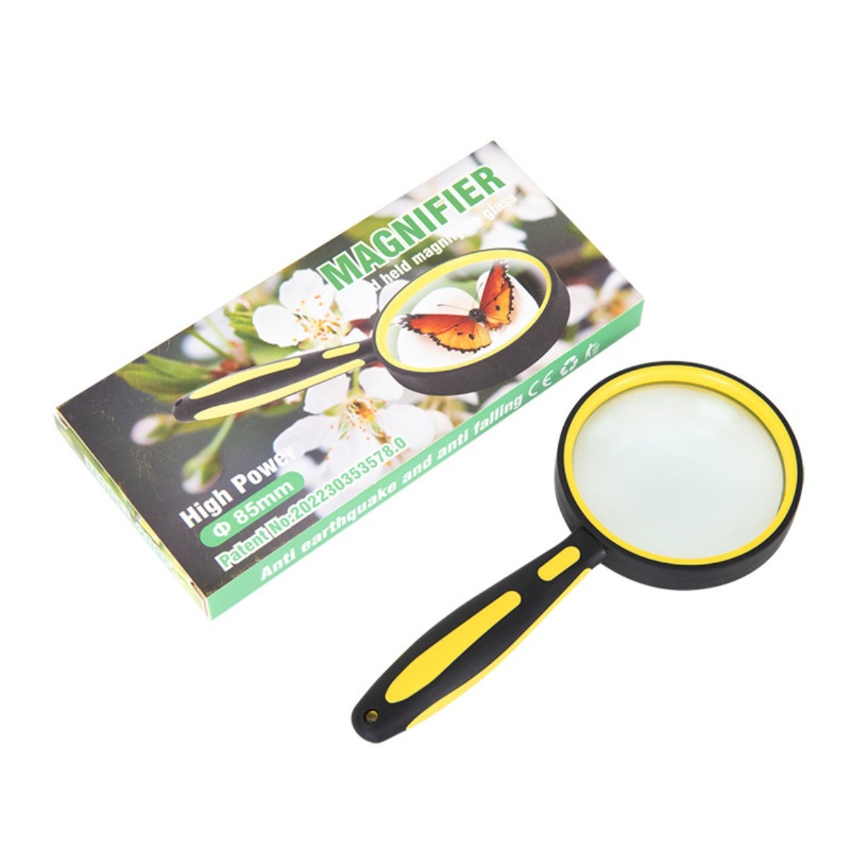 10-fache Taschenlupe Mit Zweifarbigem, Gelbem Gummigriff Und Glaslinse. Geeignet Für Senioren, Bastelarbeiten Und Die Begutachtung Von Antiquitäten.