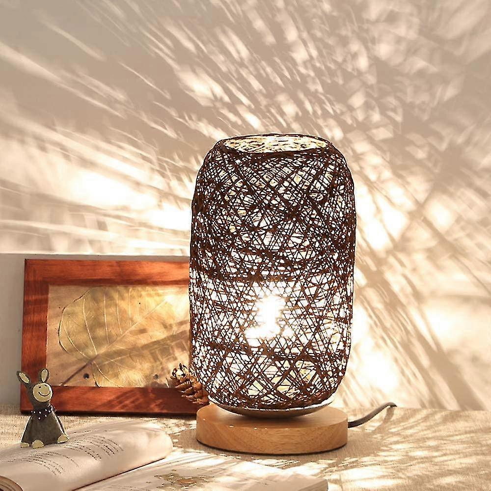 Nachttischlampe Aus Rattankabel Und Braunem Holzsockel