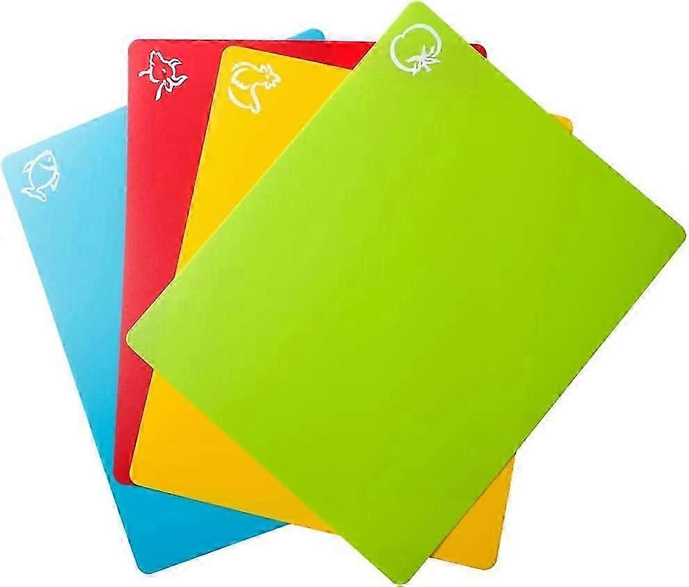 Flexible Schneidematten Aus Kunststoff, Farbenfrohe Matten Mit Lebensmittelsymbolen, Bpa-frei, Porenfrei, Rutschfeste Rückseite Und Spülmaschinenfest, 4er-set (37 X 29,5 Cm)