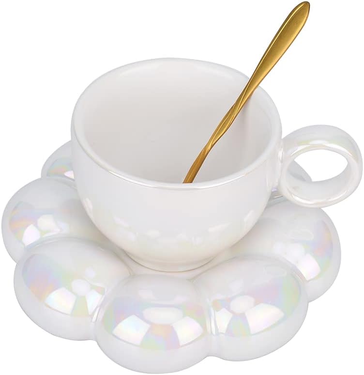 Keramik-kaffeetasse, Wolkenförmiges Kaffeeset Mit Untertasse, Hübsche Tasse Mit Blumenlöffel Und Sonnenblumen-untertasse, Kawaii-teetasse Mit Untertasse