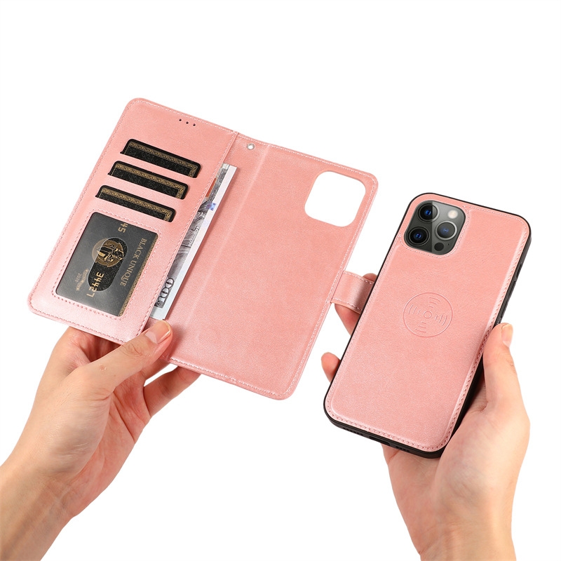 Hülle Aus Roségoldenem Kalbsleder Für Iphone 13, 2-in-1-hülle Mit 2-in-1-magnetkartenhalter