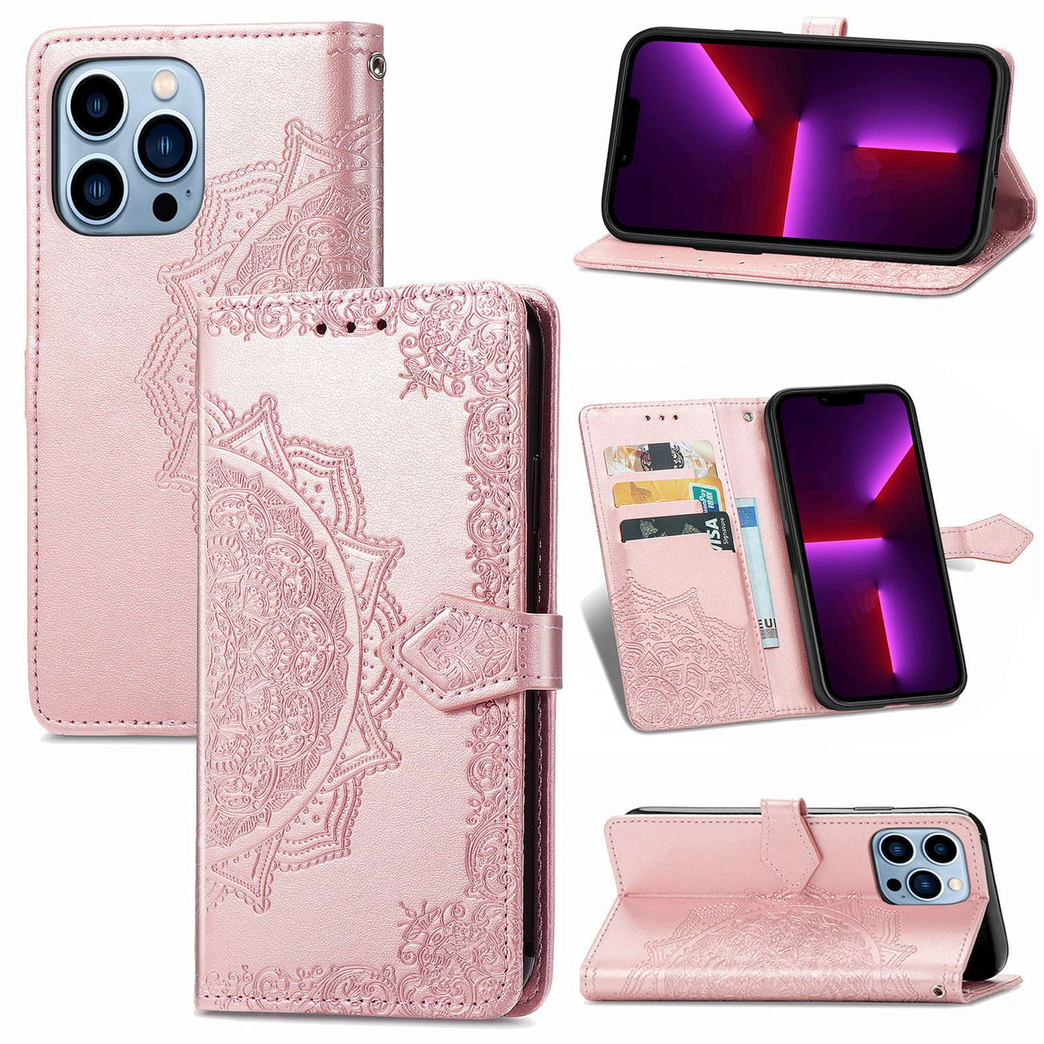 Iphone 13 Mini Hülle, Roségoldenes Leder Mit Mandala-muster, Modern, Magnetischer Schutz