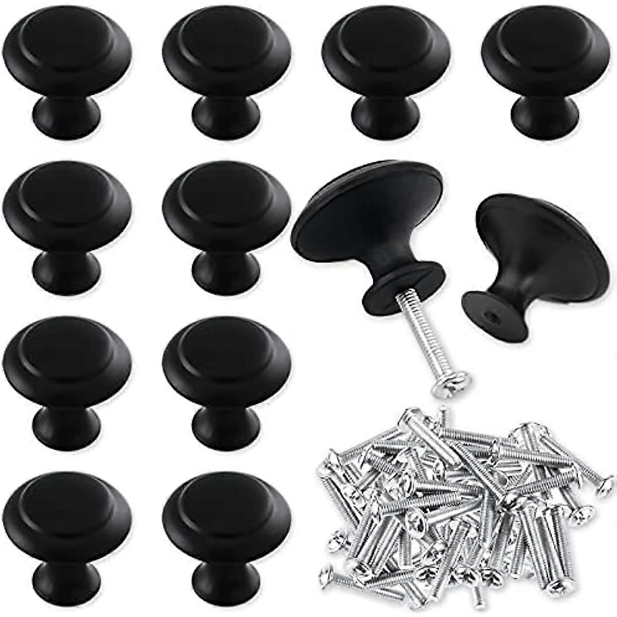 Set Mit 12 Flachen, Runden Türknöpfen Inklusive Befestigungsschrauben, Aus Mattschwarzem Metall, Passend Für Kommodenschubladen.