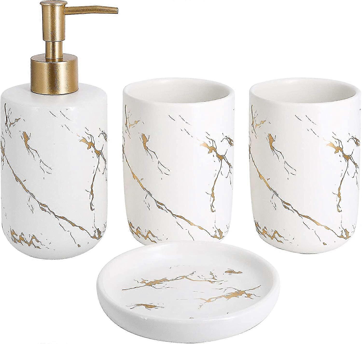 Set Aus 4 Keramik-badezimmeraccessoires, Bestehend Aus Seifenspender, Becher Und Seifenschale (weiß)