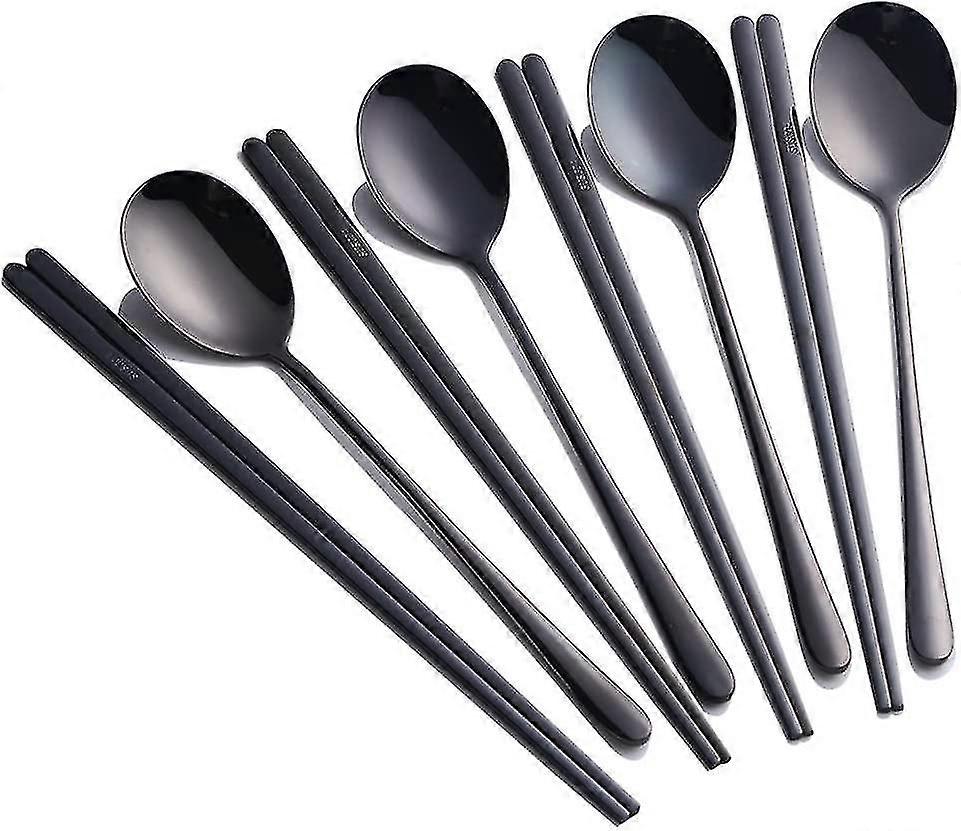 Set Koreanischer Essstäbchen Und Löffel Aus Schwarzem Edelstahl. Geeignet Für 4 Personen.