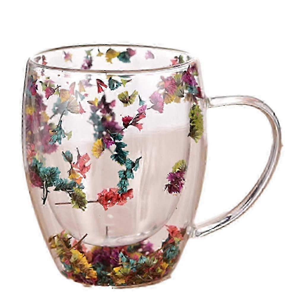 Doppelwandiger Glasbecher (2 Stück) Mit Trockenblumen Und Henkel, Hitzebeständig Und Isoliert, Geeignet Für Heiße Und Kalte Getränke, Tee Und Kaffee.