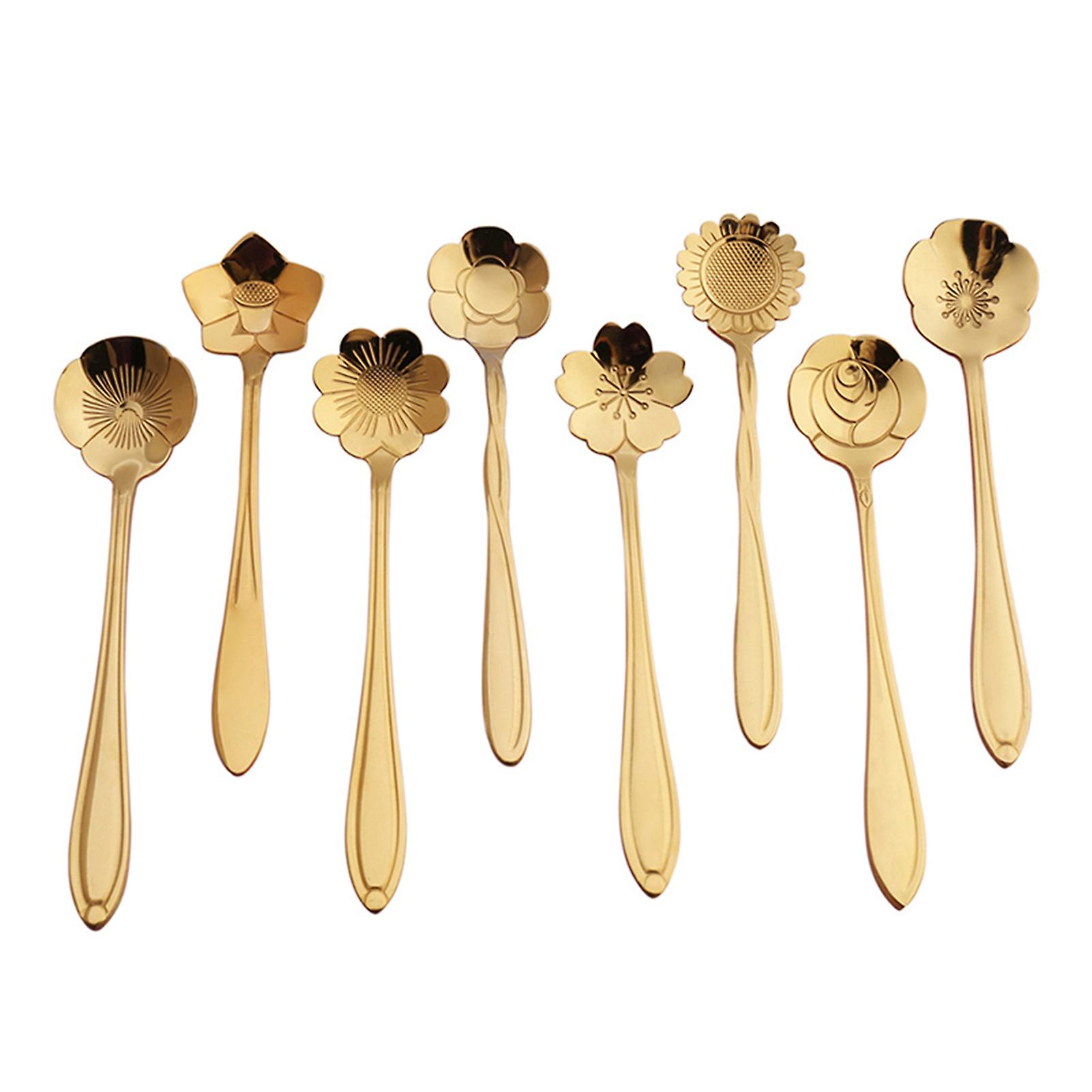 Set Aus 8 Edelstahl-teelöffeln, Dessertlöffeln Und Zuckerlöffeln Mit Kreativen Blumenmustern, Kompatibel Mit Rührlöffeln.