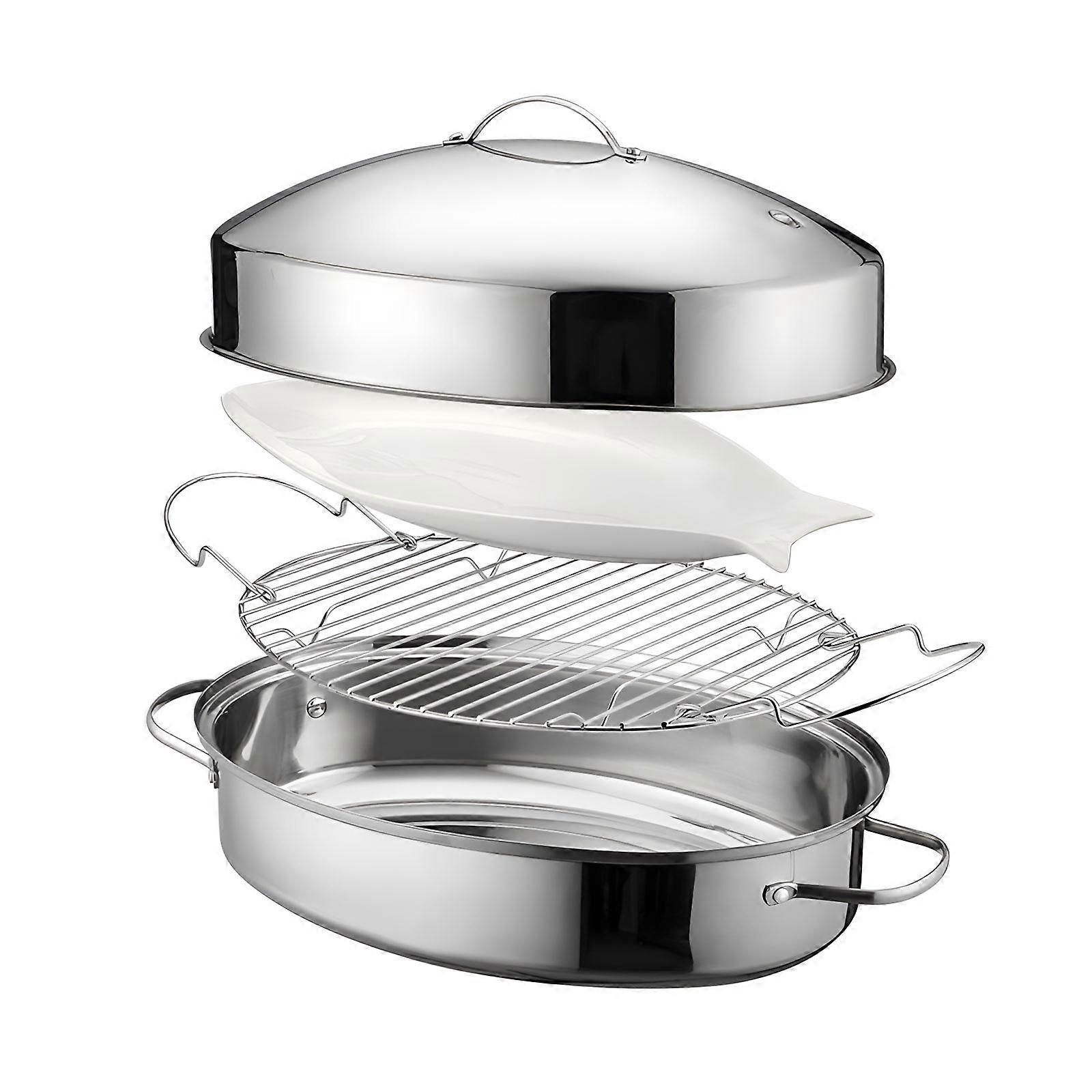 Edelstahl-bratpfanne Mit Ständer. Zubehör: Ovale Truthahnpfanne Mit Grillrost Und Deckel. Mehrfarbig.