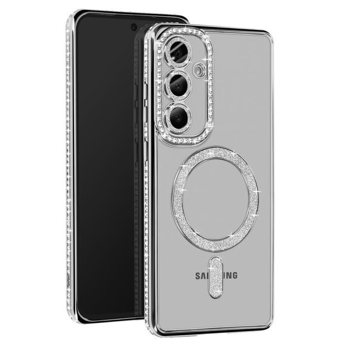 Hülle – Anzeige – Samsung Galaxy S24 Fe – Silberne Strasssteine – Robust – Magsafe-kompatibel