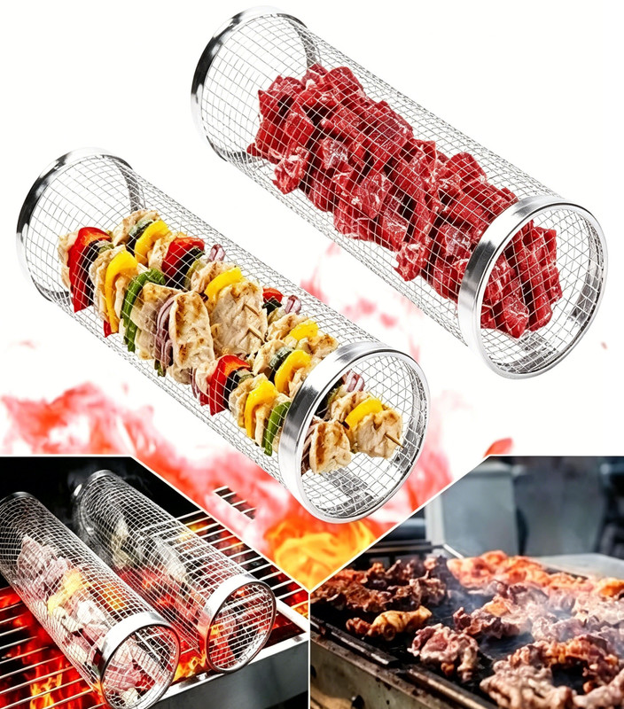 Set Aus 2 Grillkörben Aus Edelstahl 304 Mit Rollen Und Aufhängehaken. Hochwertiges Grillzubehör, Perfekt Für Das Grillen Im Freien Und Ein Ideales Geschenk Für Grillfans.