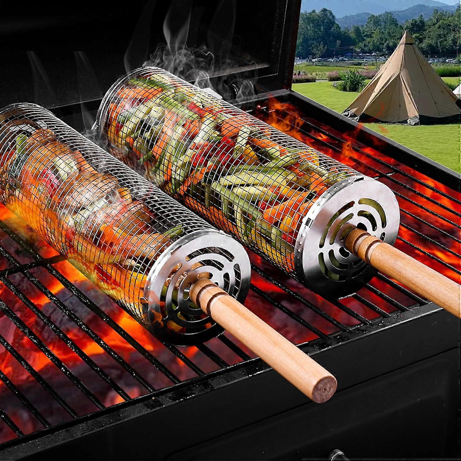 Set Aus 2 Fahrbaren Grillkörben, Tragbare Edelstahlkörbe Zum Grillen, Kochen Und Reiben Von Gemüse Und Fisch Im Freien.