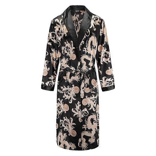 Jwl-men Herren-nachthemd Mit Langen Ärmeln, Seidiger Satin, Drachenmuster, Kimono-stil, Schwarz.