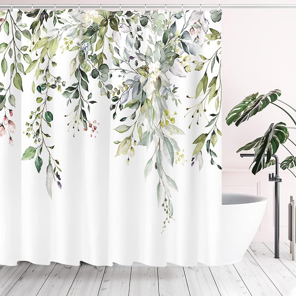Duschvorhang Mit Grünem Eukalyptusmuster, Aquarellblättern An Einer Pflanze, Florales Badezimmerdekor, Duschvorhang-set, 180 X 180 Cm Mit Haken