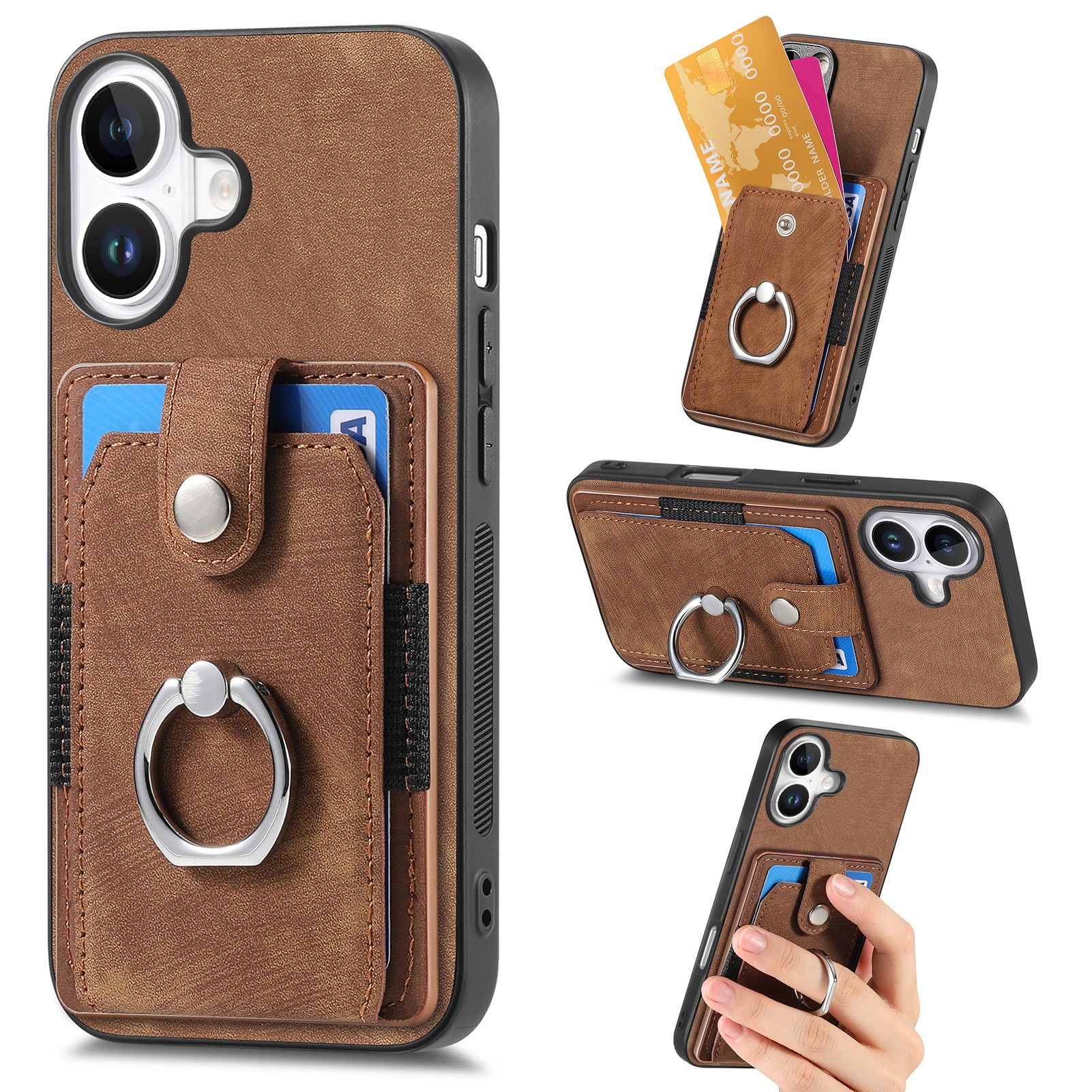 Kartenhalter Kompatibel Mit Iphone 17, Einfarbig, Retro-metallring, Magnetische Autohalterung, Braun