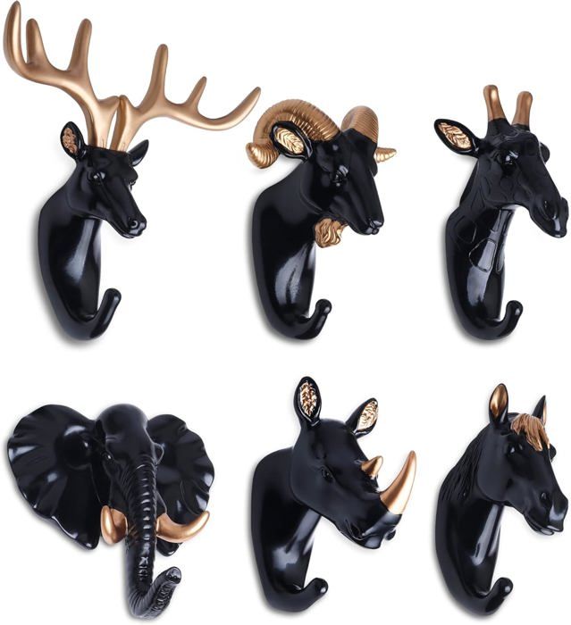 Set Mit 6 Originellen, Dekorativen Wandhaken In Form Von Tierköpfen (hirsch, Elefant, Ziege)