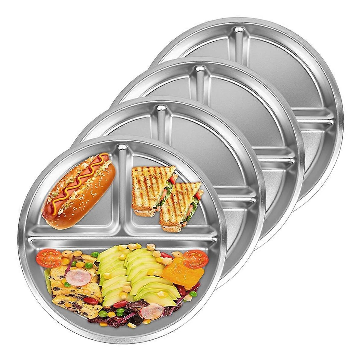 Set Mit 4 Edelstahltellern, 20 Cm Runde Teller In 3 Abschnitten Zur Portionskontrolle