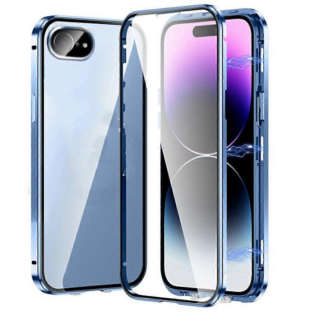 Magnetische Schutzhülle Für Iphone 16e, Doppelseitig Aus Gehärtetem Glas Und Metall, Mit Blauer Schnalle