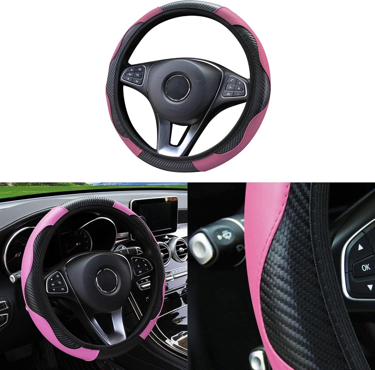Lenkradbezug Für Autos, Aus Rutschfestem Und Atmungsaktivem Pu-leder, Schwarz Und Rosa, Passend Für Lenkräder Von 37 Bis 38 Cm.