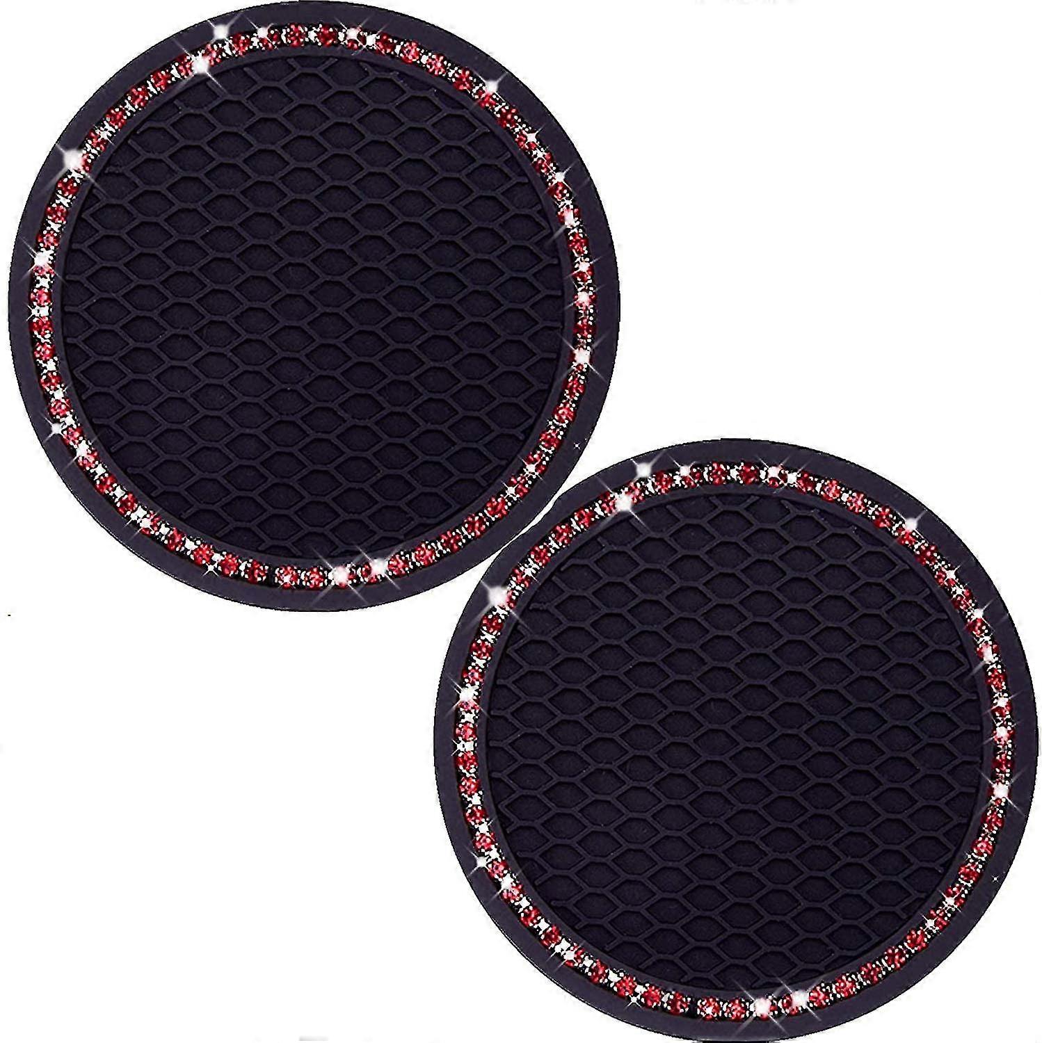 Glitzernde Getränkehalter (2er-set) – Universelle 7 Cm Untersetzer – Auto-innenausstattung – Rutschfestes Silikon – Kristall-strasssteine, Schwarz Mit Rotem Diamanten
