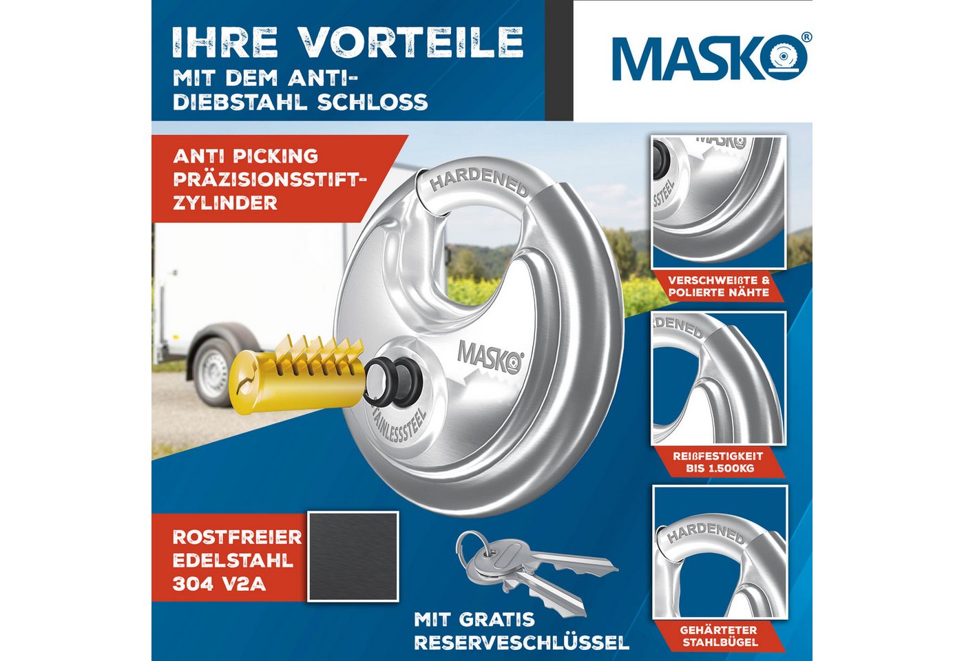 Masko® Anhängerschloss Für An-/abgekoppelte Anhänger, Diebstahlschutz – Anthrazit / Mit Scharnier